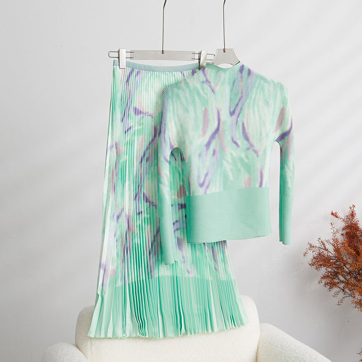 Fashion Print Pleated 2 Pieces Set Women&