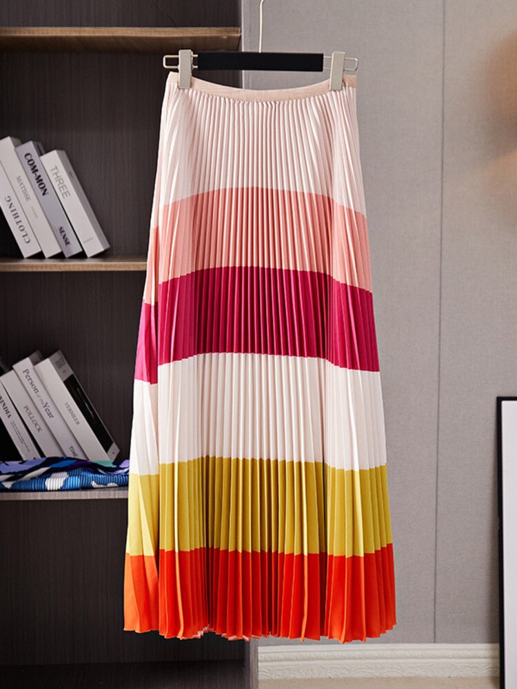 Pleated 2 Pieces Set For Women Spring New Color Block Half High Collar Tops And Elastic Waist Skirts Female
