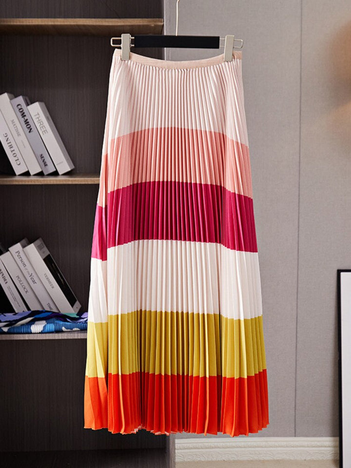 Pleated 2 Pieces Set For Women Spring New Color Block Half High Collar Tops And Elastic Waist Skirts Female