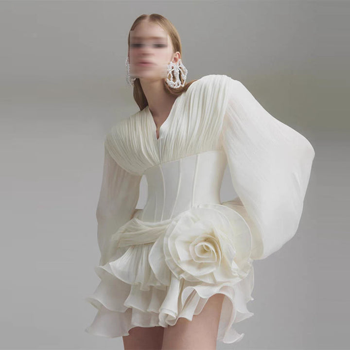 French Elegant Noble Ruffle Hem Short Dress V-Neck Bubble Sleeve 3D Flower Dress Summer Women