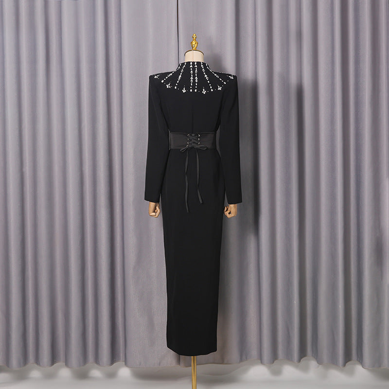 Elegant Lady-Style Long Dress with Rhinestone Detailing, Sexy Fitted Waist-Accenting Maxi Dress