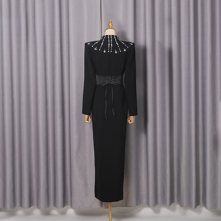 Elegant Lady-Style Long Dress with Rhinestone Detailing, Sexy Fitted Waist-Accenting Maxi Dress