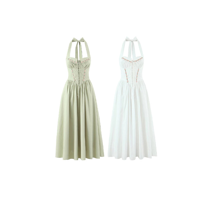 Embroidered bow tie tied backless hanging neck dress