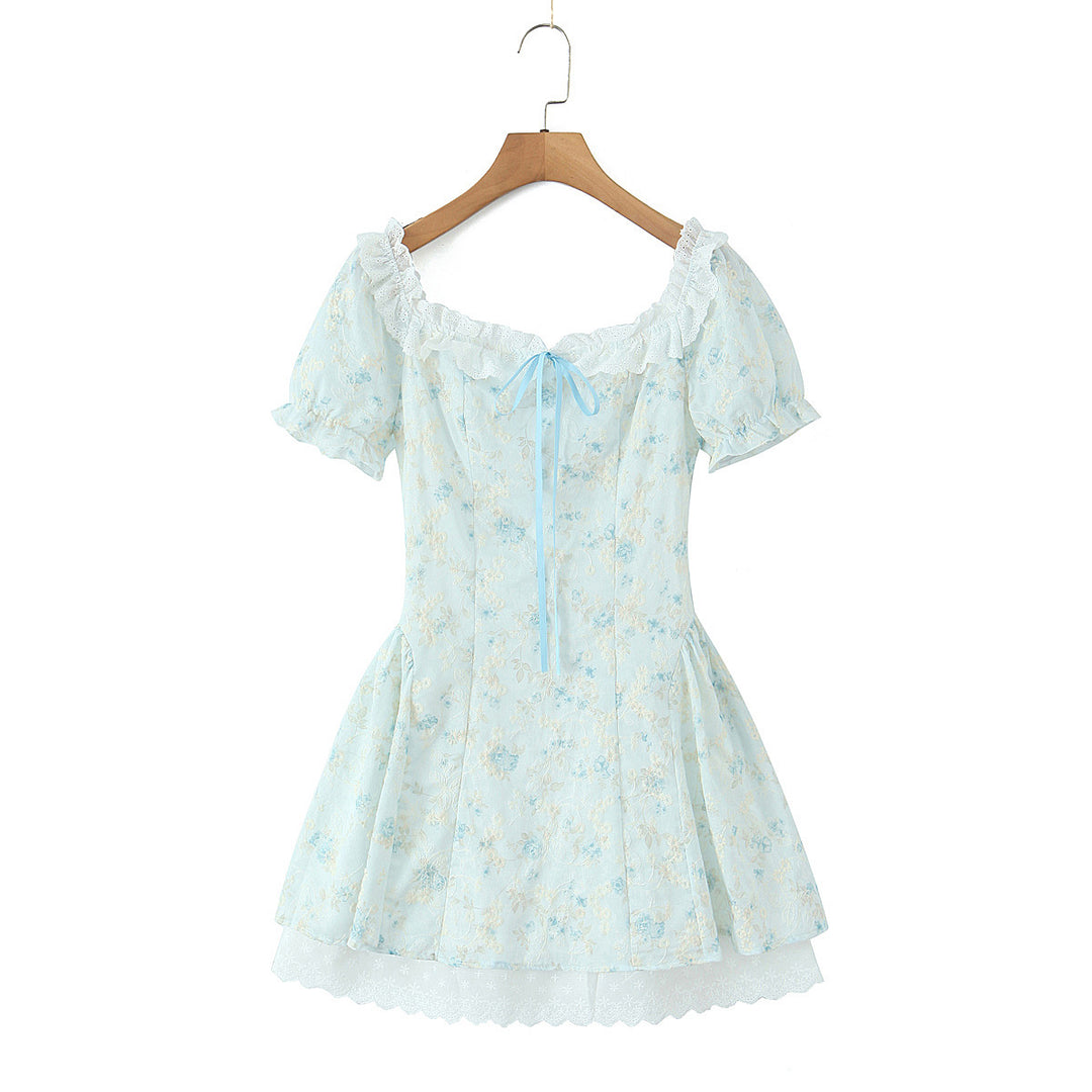 Lace hook flower embroidery printed waist cinching dress