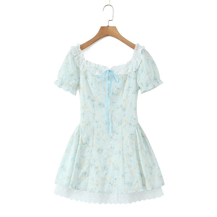 Lace hook flower embroidery printed waist cinching dress