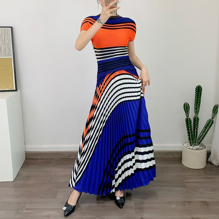 Set Summer New Print Short Sleeve Corn Kernel Pleated Long Skirt Temperament Pleated Two-Piece Set Women