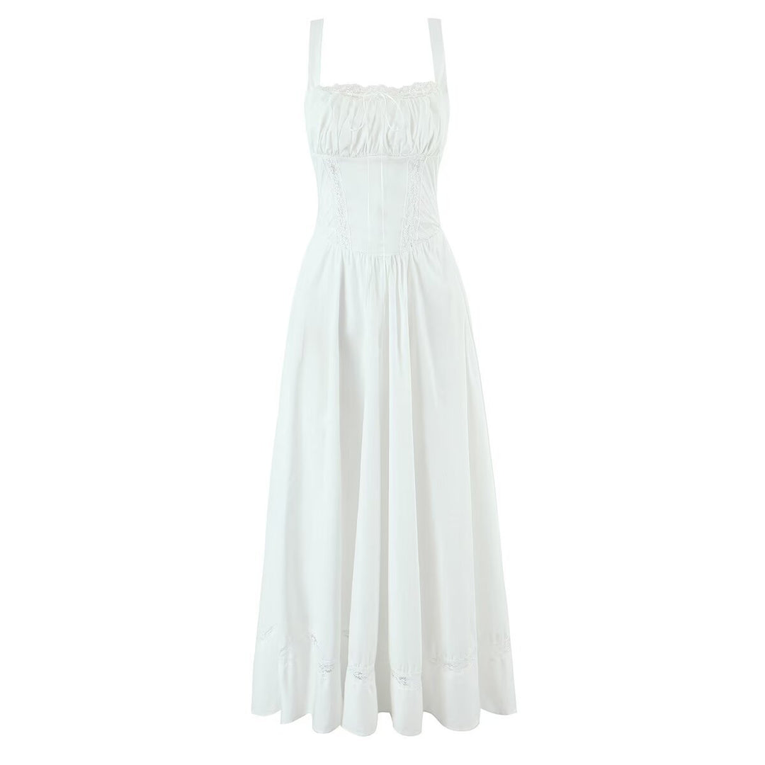 Splicing lace waist cinching hollow suspender dress for women