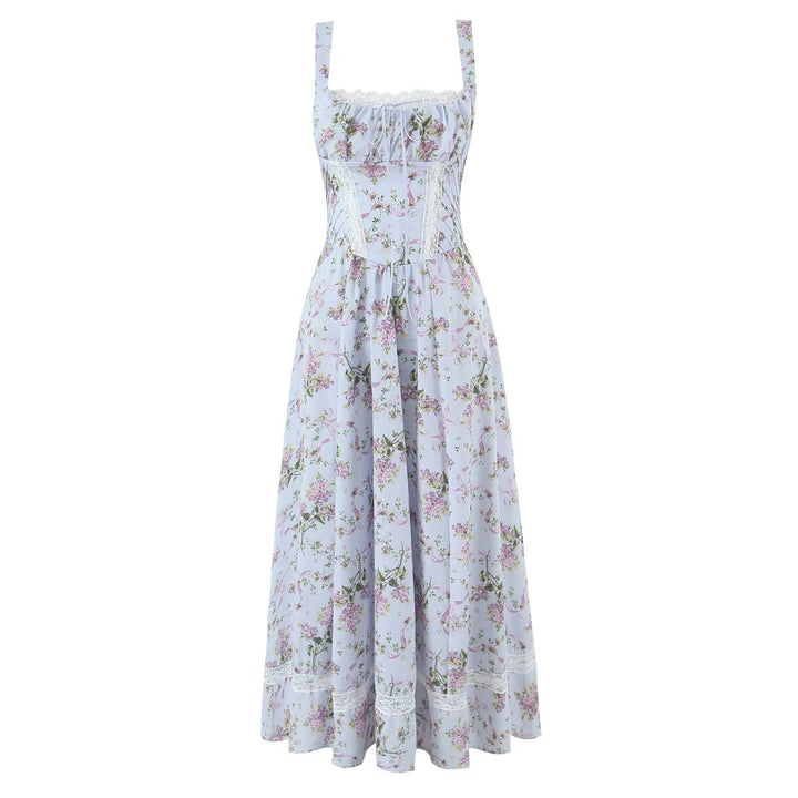 Splicing lace printed waist cinching suspender dress