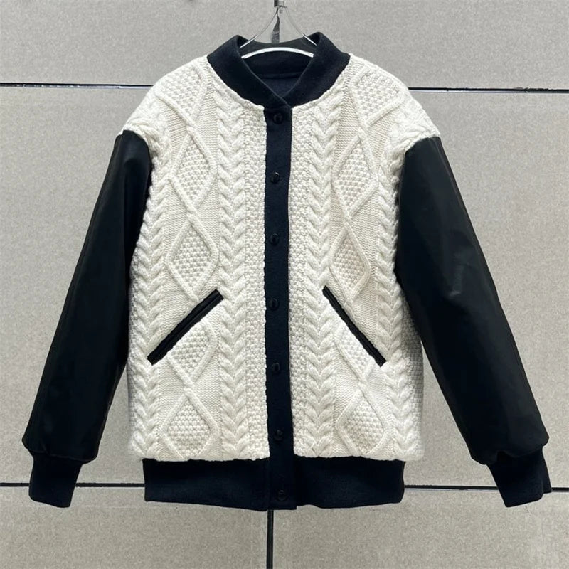 New in Korean Fashion Contrast Knit Panel down coats Wool blend long sleeved top Warm thick coat