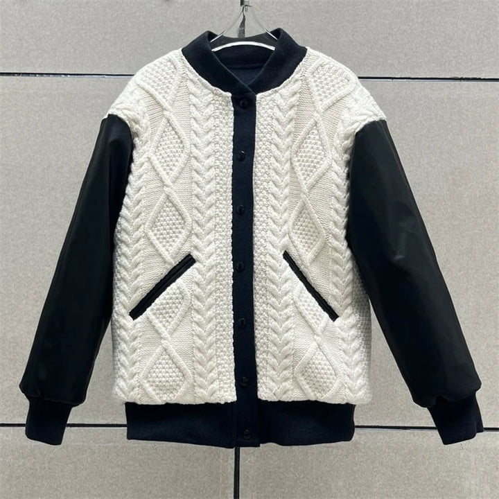New in Korean Fashion Contrast Knit Panel down coats Wool blend long sleeved top Warm thick coat