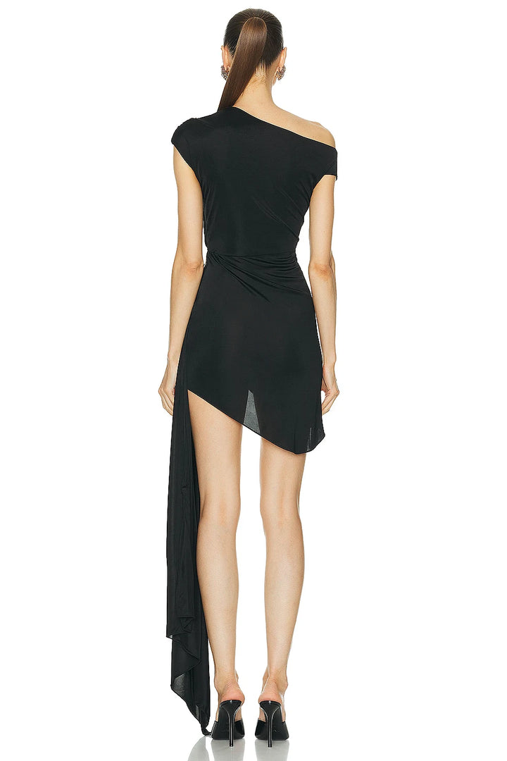 Black diagonal shoulder floral diamond embellished dress